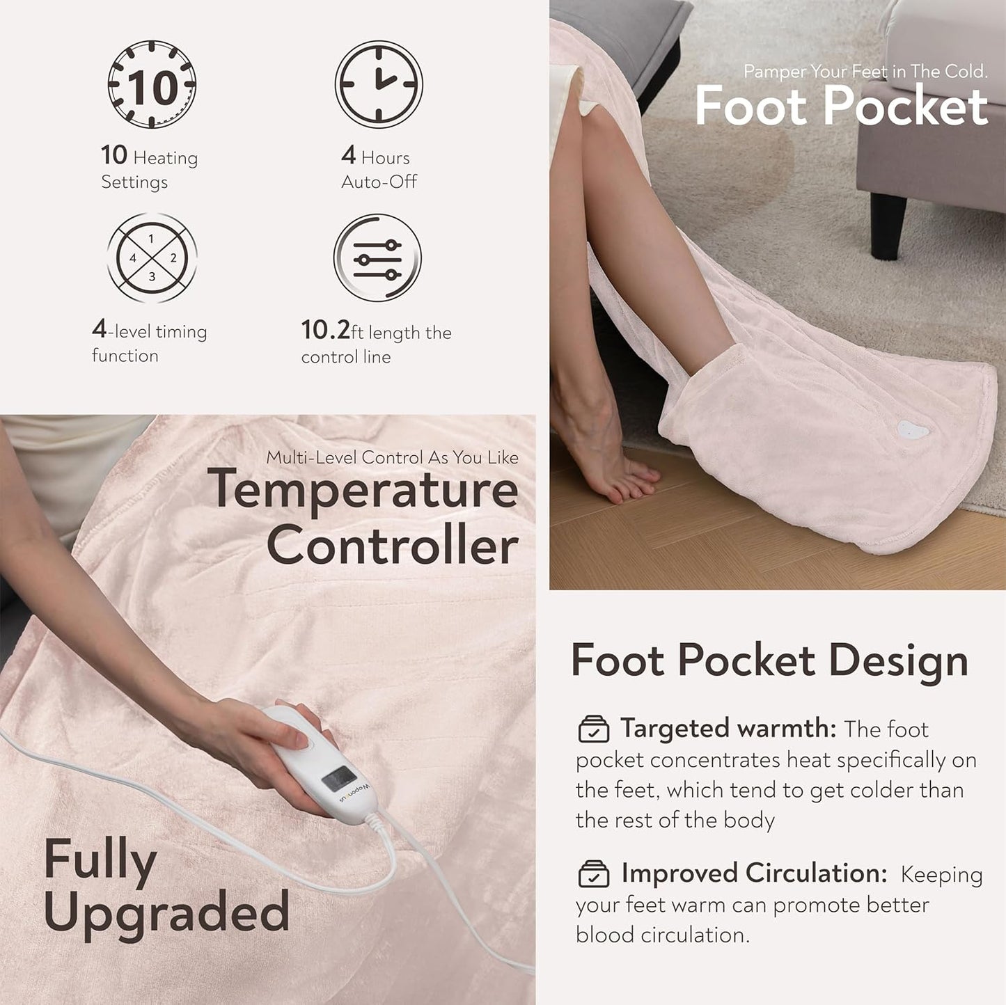 Wapaneus Foot Pocket Heated Blanket Electric Throw with 10 Heating Levels and 4 Timer Settings 4 Hours Auto Shut Off, Flannel Fast-Heating Heated Throw 50" x 60", Machine Washable, Pink