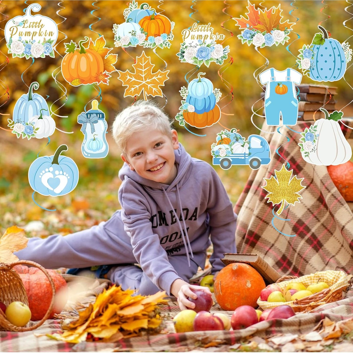 36pcs Thanksgiving Little Pumpkin Party Hanging Swirls Decor,Blue Boy Little Pumpkin Thanksgiving Hanging Swirls, Fall Themed Maple Leaf Pumpkin Truck Ceiling Swirl for Boy Birthday Party Decorations