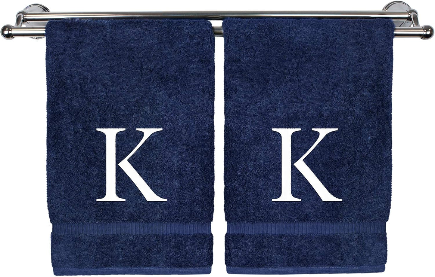 Monogrammed Hand Towel, Personalized Gift, Set of 2- White Block Letter Embroidered Towel - Extra Absorbent 100% Turkish Cotton - Soft Terry Finish - Initial K Navy