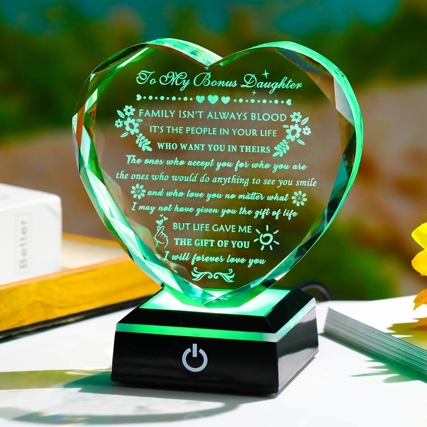 YWHL Bonus Daughter Gifts from Mom Dad Birthday Gifts for Bonus Daughter with Colorful Base Heart Shaped Crystal Keepsake To My Bonus Daughter Stepdaughter Gifts on Christmas Graduation Valentine's