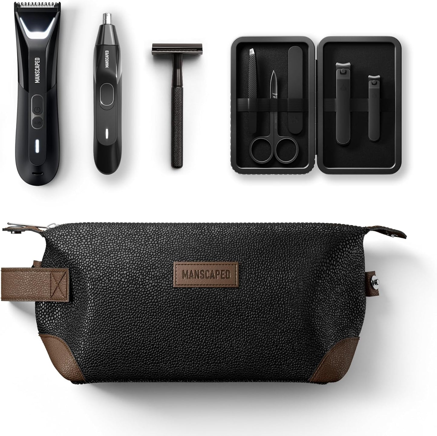 MANSCAPED® The Tool Box 5.0 Ultra with: The Lawn Mower® 5.0 Ultra Groin Groomer, Weed Whacker® 2.0 Nose & Ear Hair Trimmer, The Plow® 2.0, The Shears 3.0 Five Piece Nail Kit, The Shed Toiletry Bag