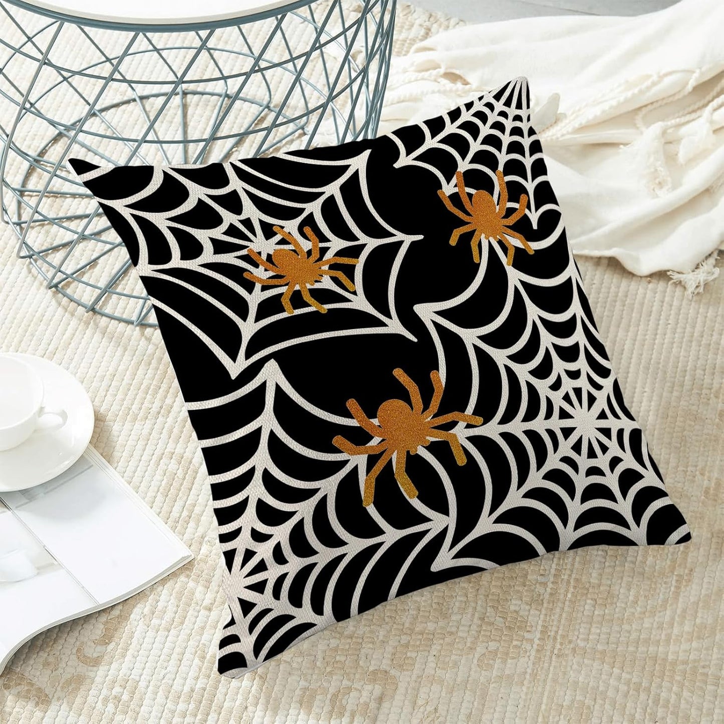 Spider Web Throw Pillow Covers 18x18 Inch Set of 2 Black Halloween Decorative Farmhouse Pillow Covers Outdoor Spider Decor Cushion Case for Home Couch Sofa Halloween Outdoor Decoration