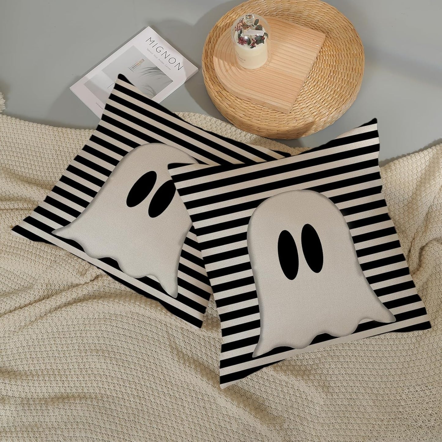 Halloween Pillow Covers 20x20 Set of 2 Cute Black Stripe Ghost Throw Pillow Covers Halloween Pillows Decorative Pillow Covers for Halloween Home Decoration Cushion Case for Couch Sofa Decor