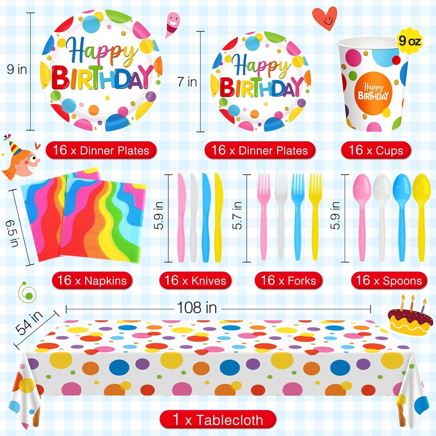 Zhehao Serves 129 Pcs Happy Birthday Party Supplies Set with Plates Napkins Cups Cutlery Rainbow Dot Birthday Decorations Kit Banner Tablecloth Hanging Honeycomb Balls Garland for Birthday Party