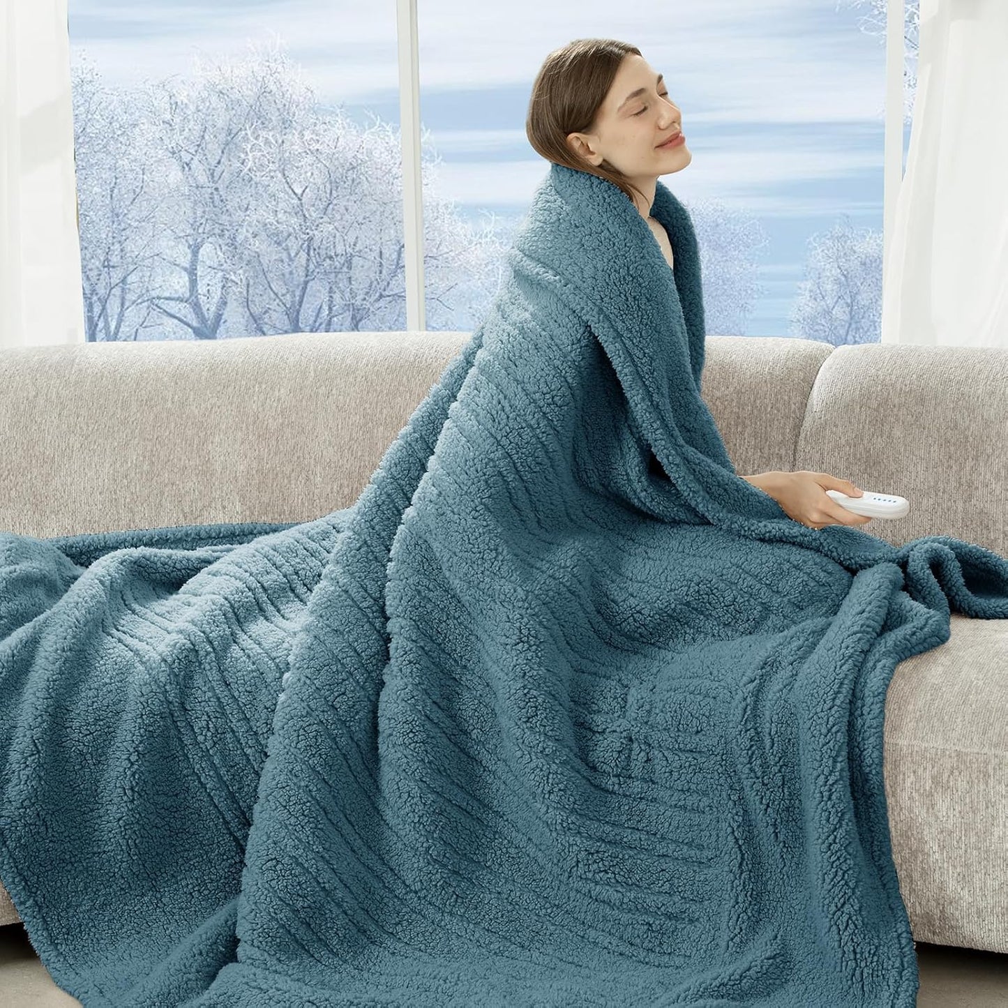 Heated Blanket Twin 62"X84" - Soft Double Sided Sherpa Electric Blanket Twin with 5 Heatings Levels & 10 hrs Auto Shut Off, Fast Heating & ETL Certified, Gift for Women(Blue)