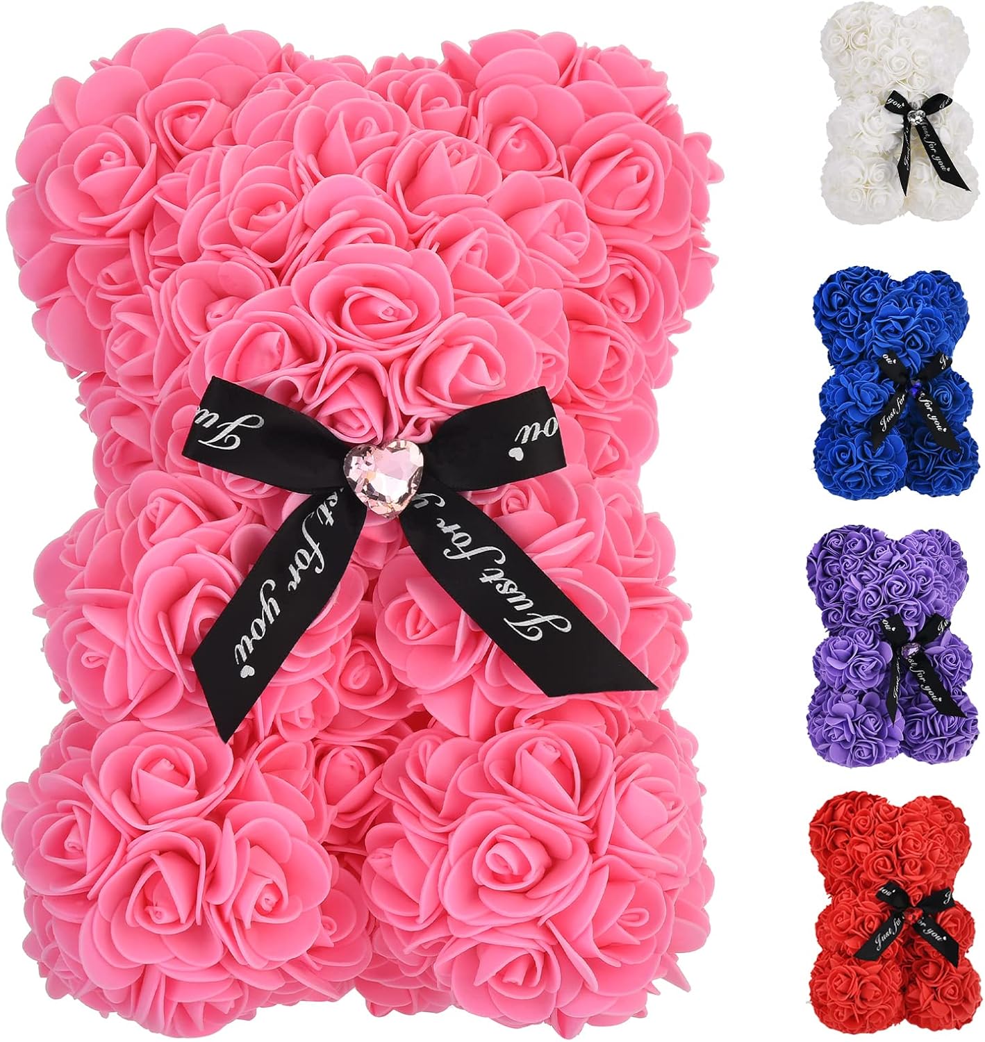 Artificial Rose Flower Bear,Perfect Romantic Gift for Her, Valentine's Mother's Day, Christmas, Birthday,Thanksgiving Party Anniversary Girl Friend Wife with Heart-Shaped Diamond,Pink.