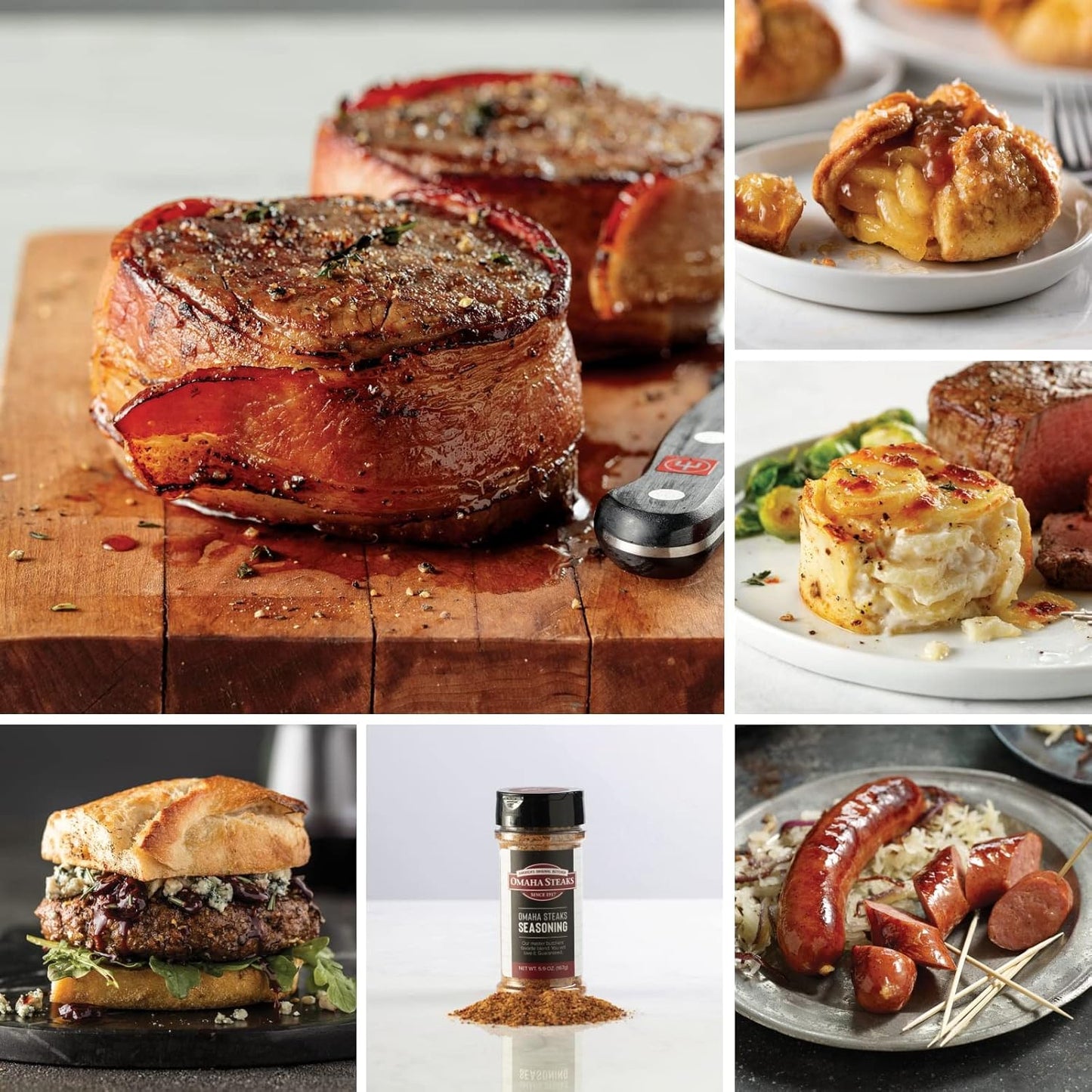 Omaha Steaks Ultimate Gift Package (4 Bacon-Wrapped Filet Mignons, 4 PureGround Filet Mignon Burgers, 4 Air-Chilled Chicken Breasts, 4 Gourmet Jumbo Franks, 4 Individual Scalloped Potatoes, 4 Caramel Apple Tartlets, 1 jar Omaha Steaks Seasoning)