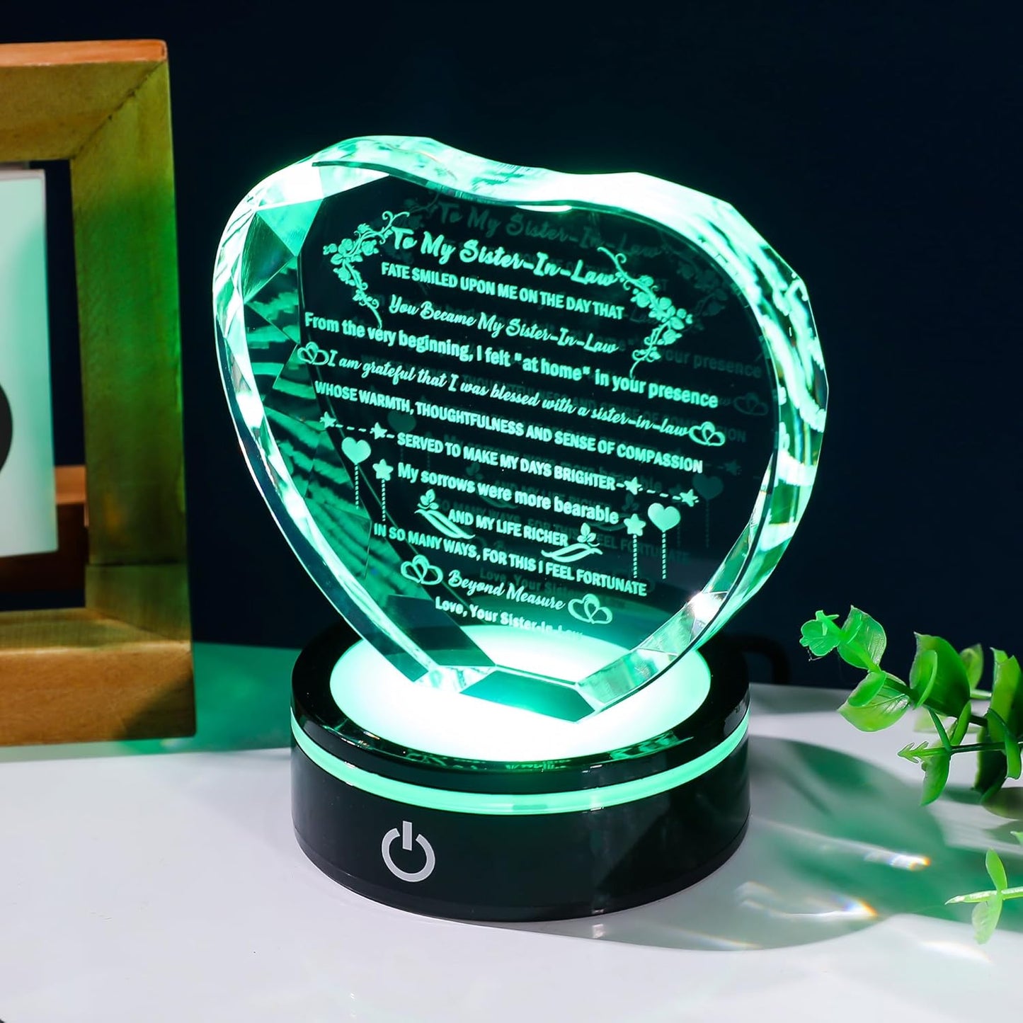 YWHL Sister in Law Birthday Gifts with Colorful LED Base Unique Heart Crystal Keepsake for Unbiological Bonus Sister Wedding Thanksgiving Gift Ideas