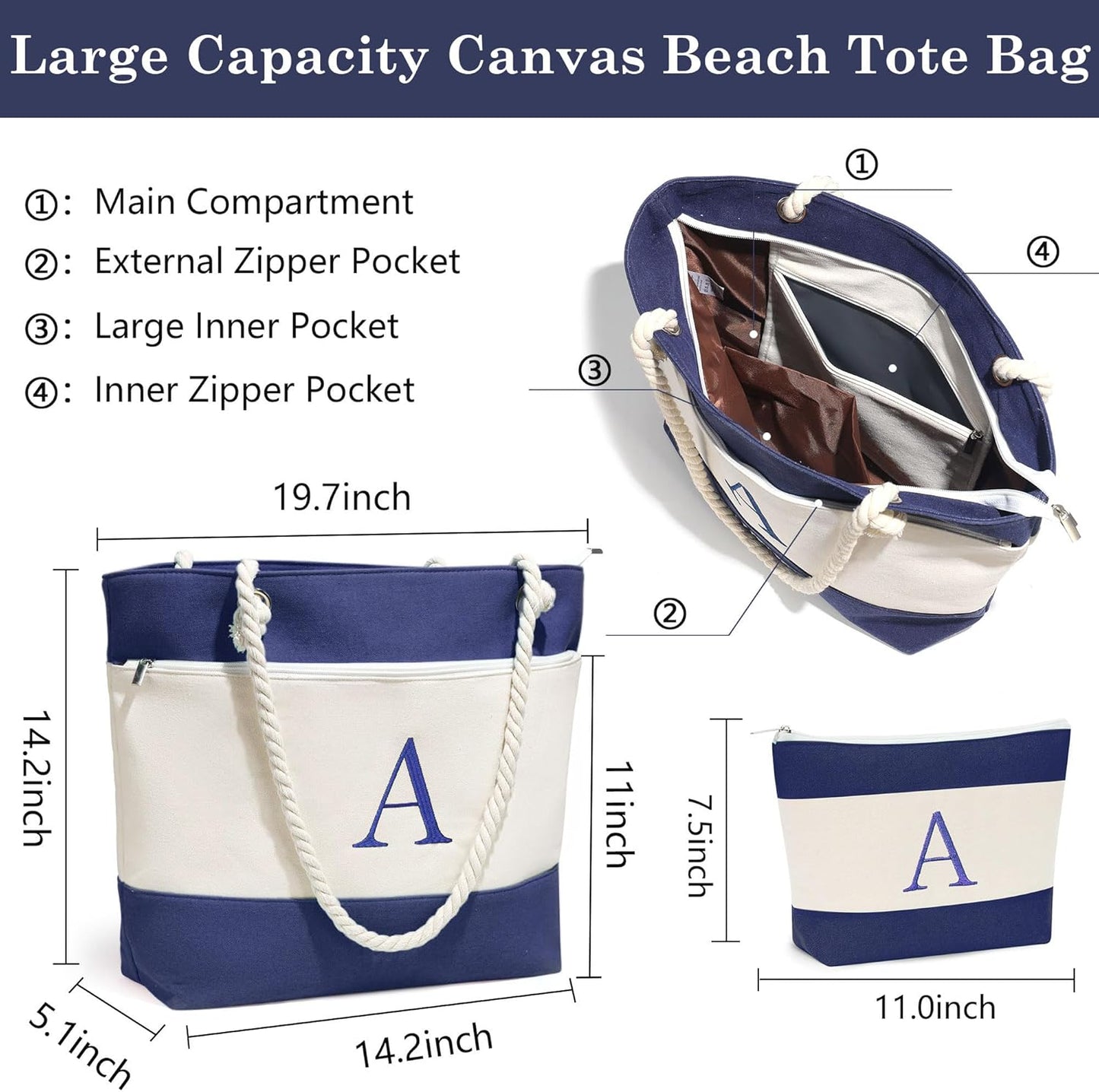 YOOLIFE Beach Bags for Women - Initial Canvas Tote Waterproof Bag with Makeup Bag Gifts for Women Mom Friend Birthday Her