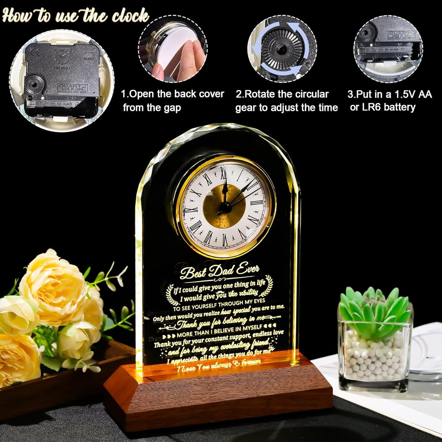 Glass Clock Gifts for Dad From Son Daughter with Wooden Light Base, Personalized I Love You Gift for Dad Who Has Everything on Birthday Father's Day, Presents for Daddy on Christmas Home Desk Clock