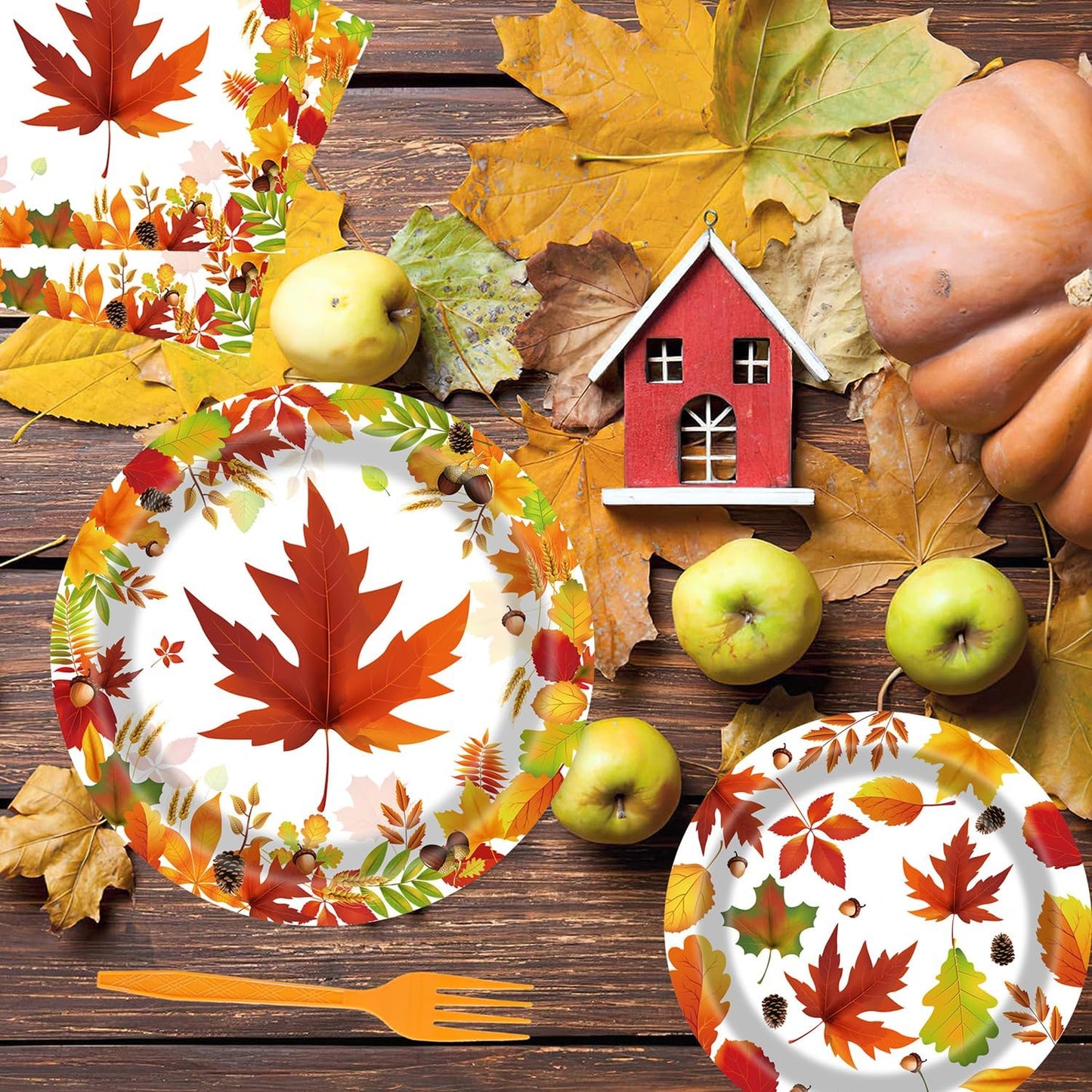 Fall Party Supplies - 96 Pcs Autumn Maple Leaf Disposable Tableware Set with Paper Plates, Napkins, Forks for Thanksgiving Harvest Party Decorations