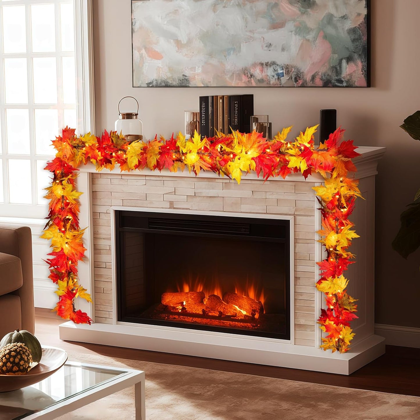 9FT Fall Decorations for Home Large Leaves Fall Garland with Lights Plug in 50 Bulbs Connectable Thanksgiving Garland String Lights for Outdoor Indoor Harvest Fireplace Fall Decor(1 Pack)