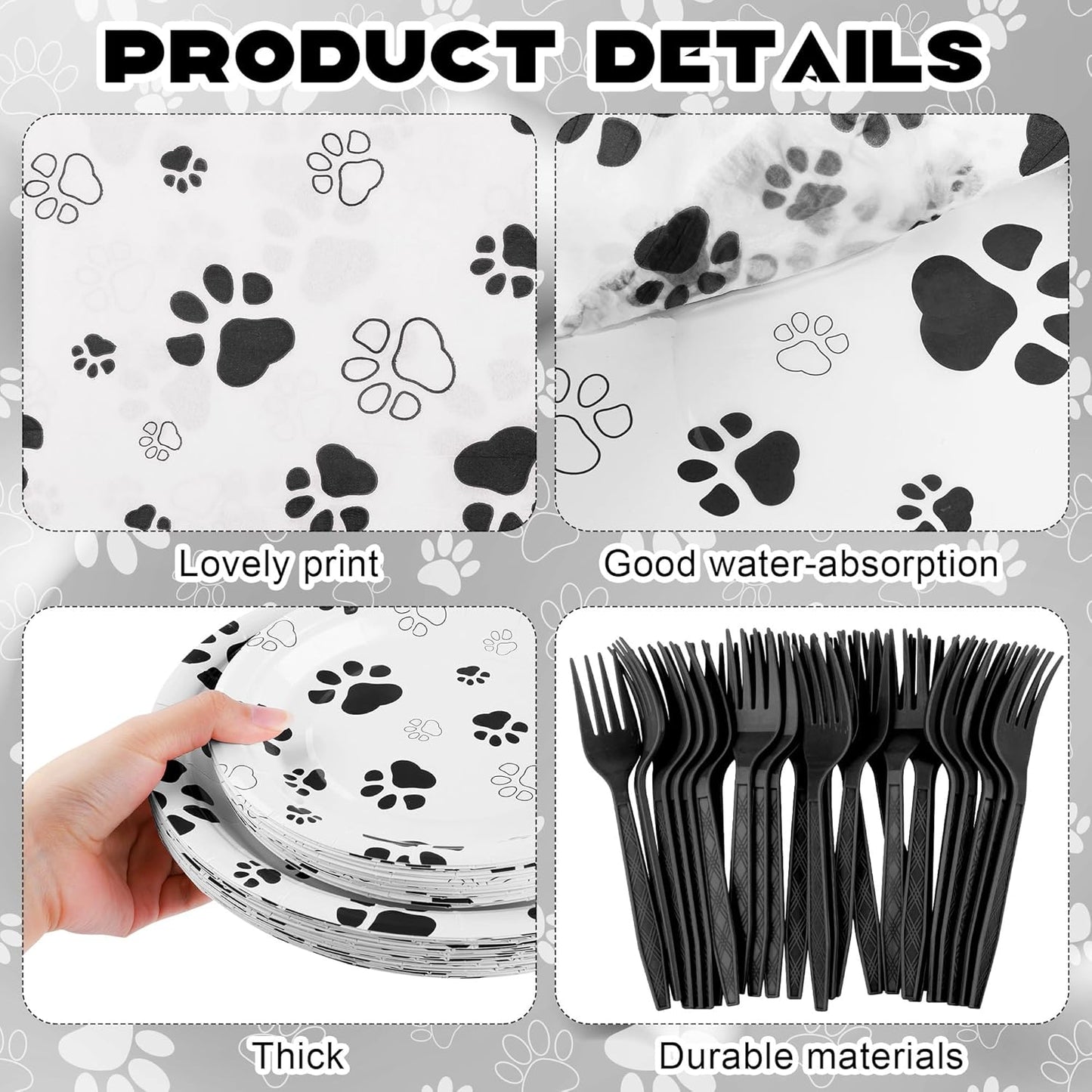 144 Pieces Black Paw Print Party Tableware Sets Including Disposable Plates Napkins Cups Forks Serves 24 for Dog Puppy Theme Party Supplies
