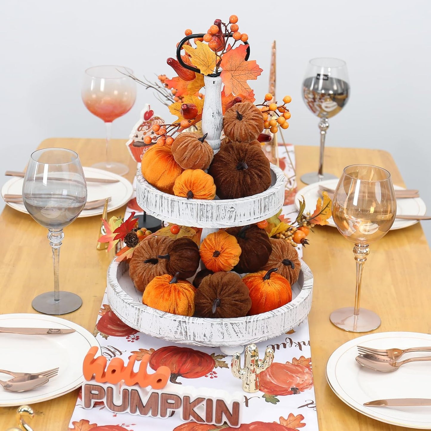 17 Pack Fall Artificial Velvet Pumpkins Decorations, Foam Faux Flocked Pumpkin Including Wooden Hello Pumpkins Sign, for Home Autumn Harvest Theme Party Halloween Thanksgiving Table Decor.