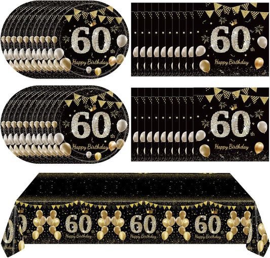 41Pcs 60th Birthday Decorations for Men Women, Black Gold 60 Year Old Birthday Party Supplies Include 20 Plates 20 Napkins and 1 Tablecloth, Black Gold 60 Aged Birth Party Tableware