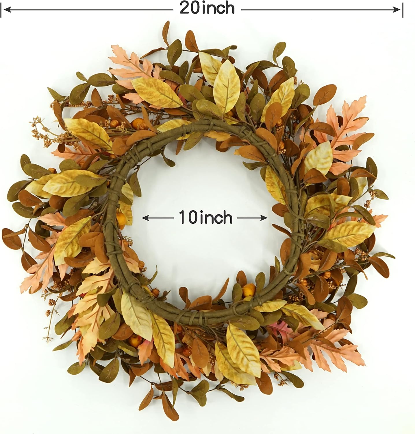 20'' Fall Wreath Autumn Wreath for Front Door with Small Pumpkins and Oak Leaves for Thanksgiving Halloween Home Outdoor Farmhouse Porch Wall Window Decoration,Brown Gift Box Included