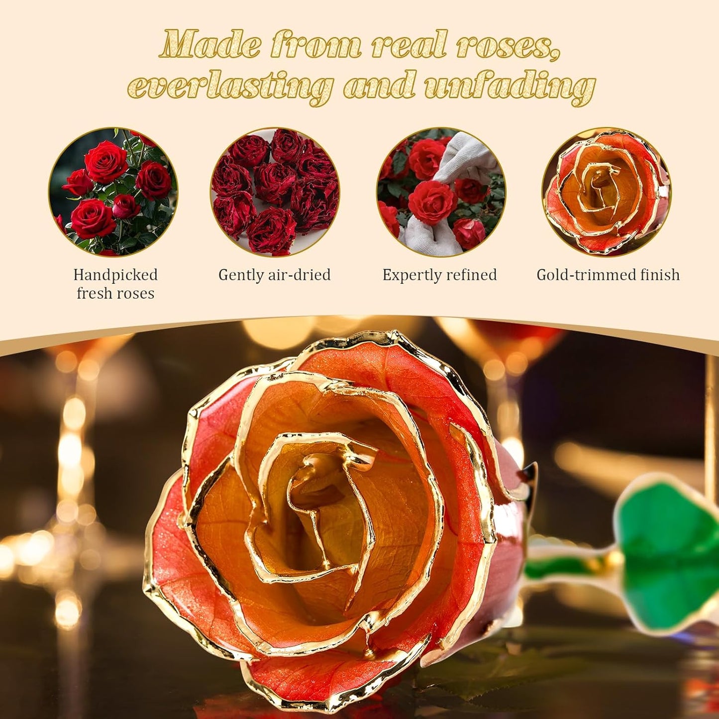 Mikasol Real 24K Gold Dipped Realistic Rose – Timeless Lifelike Bloom with Heart Puzzle Base – Romantic Gradient Orange Flower Gift for Her, Wife, Girlfriend, Mom – Birthday, Anniversary, Mother’s Day