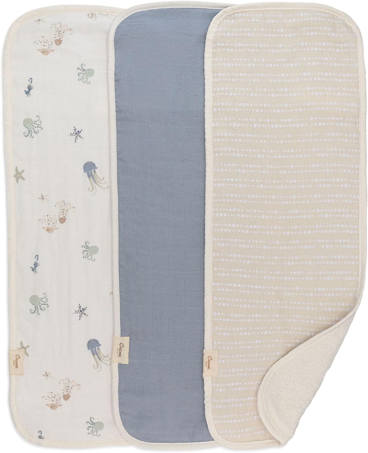 Crane Baby Muslin Baby Burp Cloths, Lightweight Absorbent Burp Cloth, Sea Life Jellyfish, Set of 3, 7” x 20”, Newborn Baby Essentials, Burp Cloths Baby Boy, Burp Cloths Baby Girl, Newborn Essentials