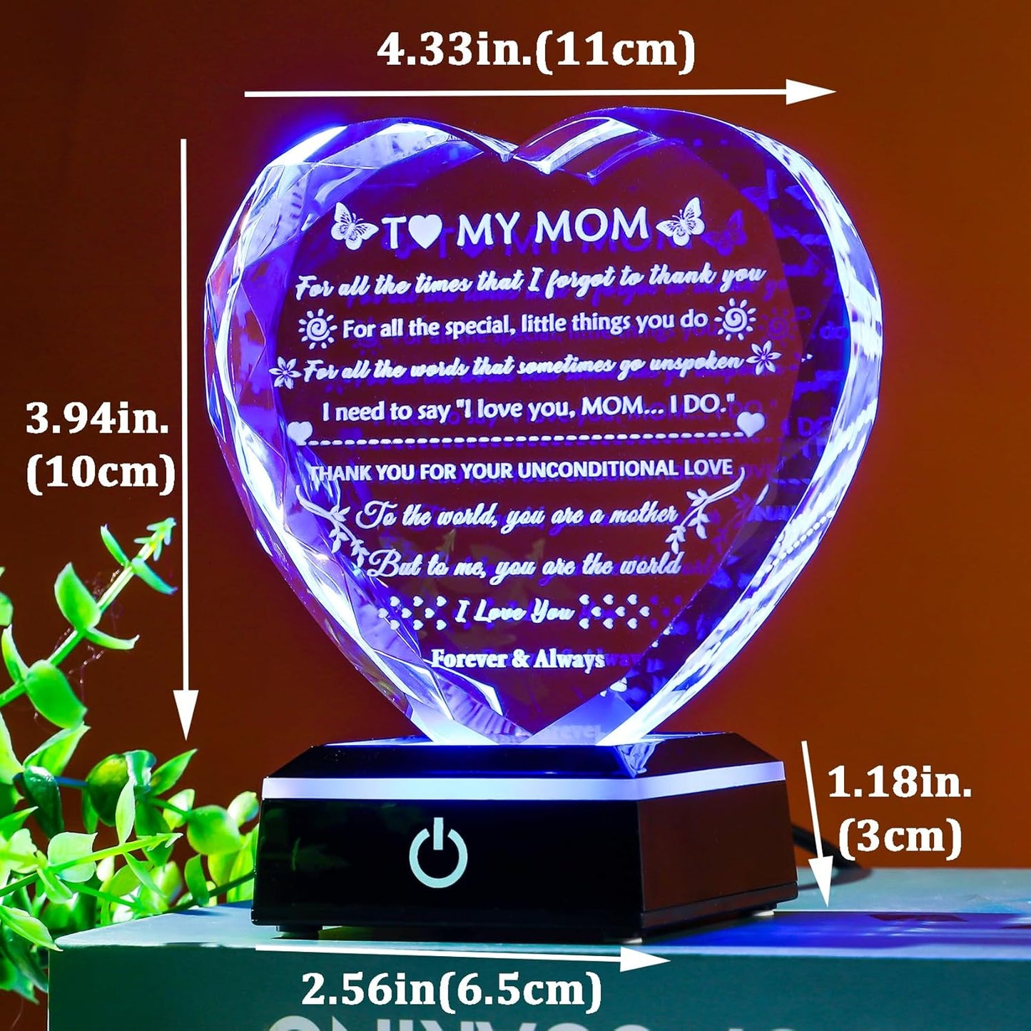 YWHL Gifts for Mom from Daughter Son, Birthday Gifts for Mom Who has Everything, To My Mom Gifts for Mother's Day Crystal Heart Keepsake with LED Base, Present for Mother on Christmas Valentine