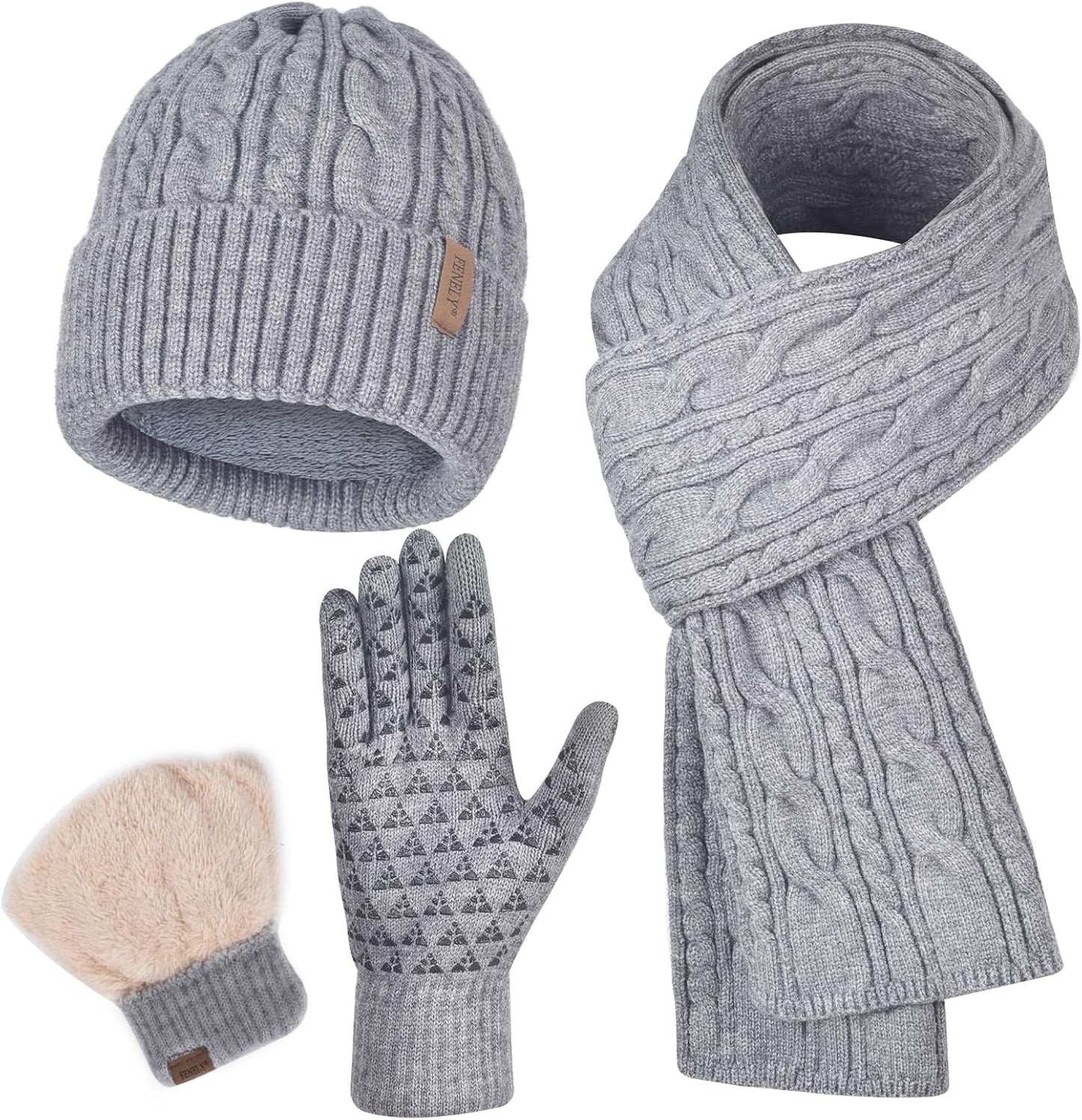 Men Winter Beanie Hat Touchscreen Gloves Scarf Set Warm Fleece Lined