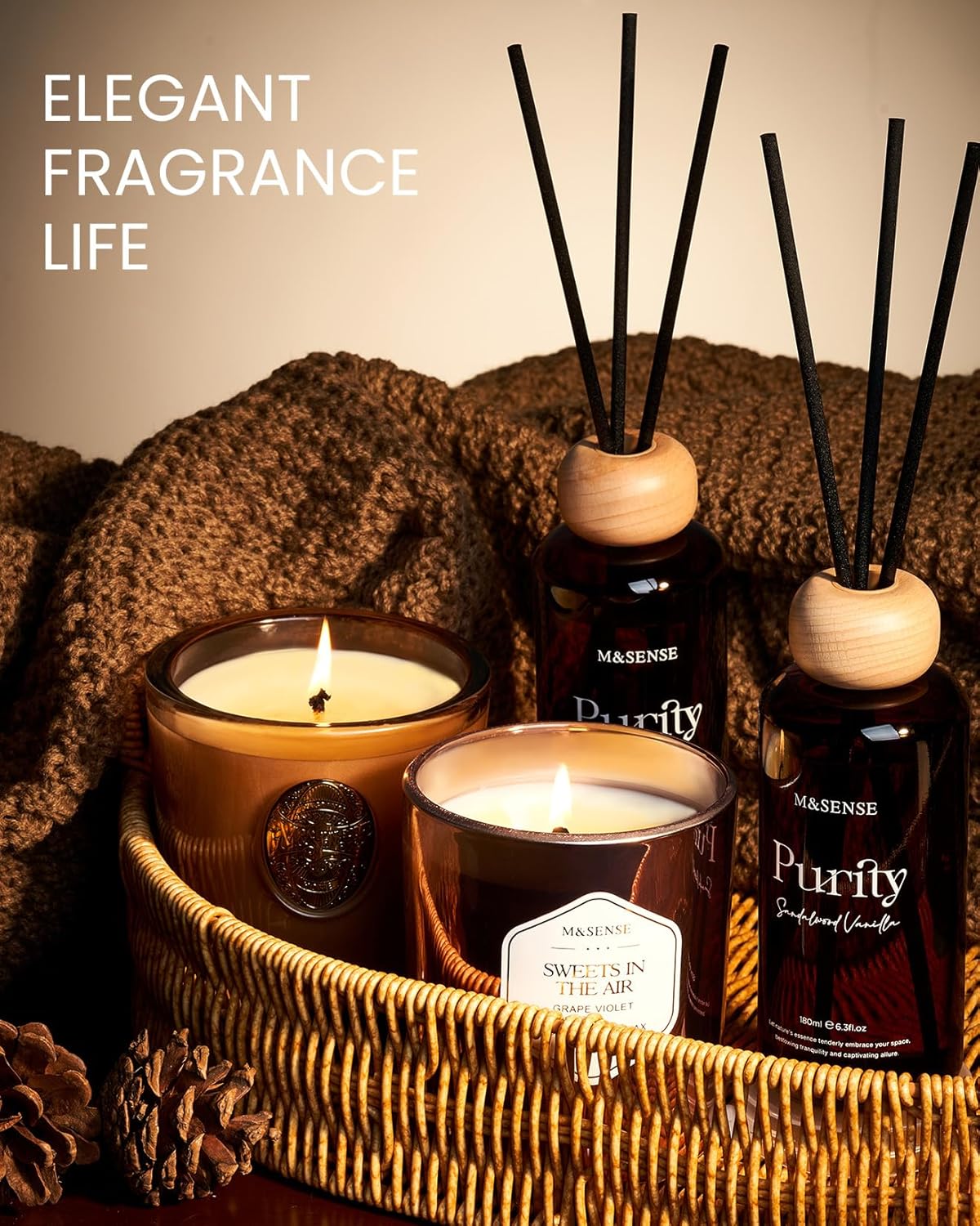 M&SENSE Summer Bathing Reed Diffuser: 6.3 fl oz Fig & Lotus Scented Aroma Set with Light & Subtle Fragrance, Long-Lasting Non-Toxic Natural Essential Oil Diffuser for Office Shelf Decor Small Spaces