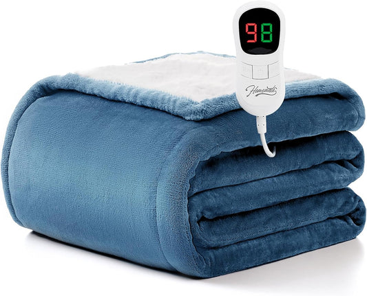 Homemate Heated Blanket Electric Throw - 50"x60" Heating Blanket Throw 1/2/4/6/8 Hours Auto-Off 10 Heat Level Over-Heat Protection Flannel Sherpa ETL Certification