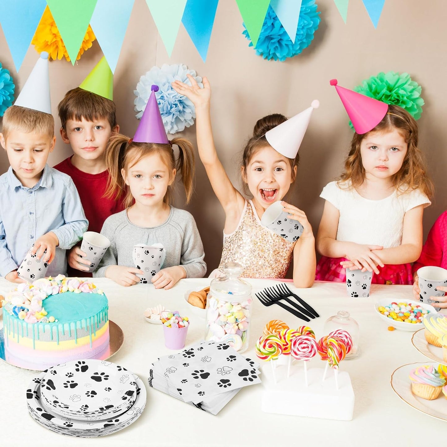 144 Pieces Black Paw Print Party Tableware Sets Including Disposable Plates Napkins Cups Forks Serves 24 for Dog Puppy Theme Party Supplies