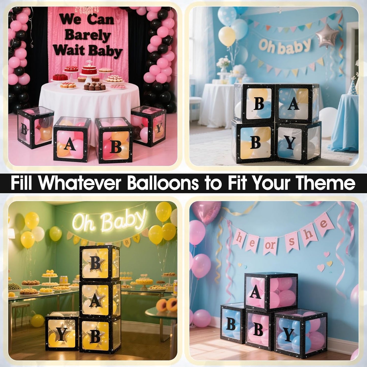 Ledido Baby Boxes with Letters for Baby Shower Decorations, 4 pcs Clear Baby Balloon Boxes for Baby Shower Decor with Letters for Boy Girl Gender Reveal Decorations Backdrop Party (Black Glitter)