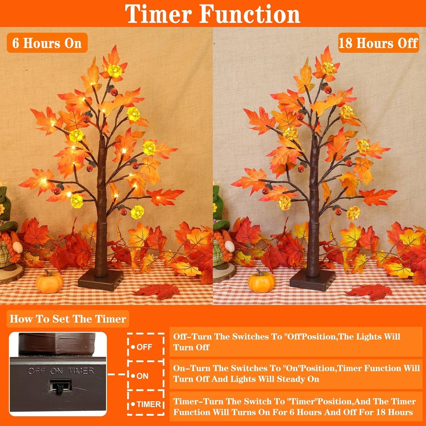 TURNMEON Fall Decor 2 Pack 24 Inch Prelit Fall Maple Tree Thanksgiving Fall Decorations for Home with 48 LEDs Timer Battery Operated Pumpkin Lights 6 Acorn Tabletop Halloween Decorations Indoor Autumn