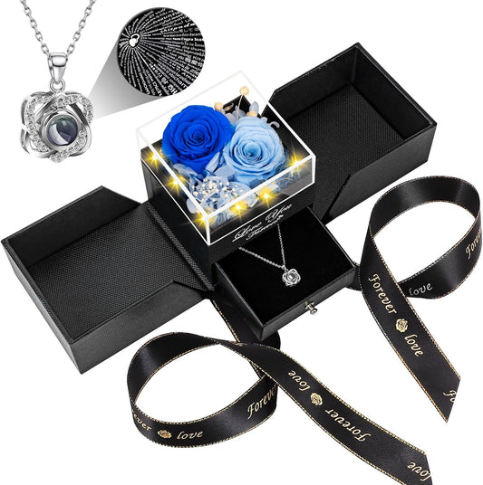 2 Preserved Real Rose with Heart I Love You Necklace- Eternal Rose Birthday Gifts for Women Wife Girlfriend Her Mom on Festivals Gifts Christmas Valentines Mothers Day Anniversary-2 Colour Blue