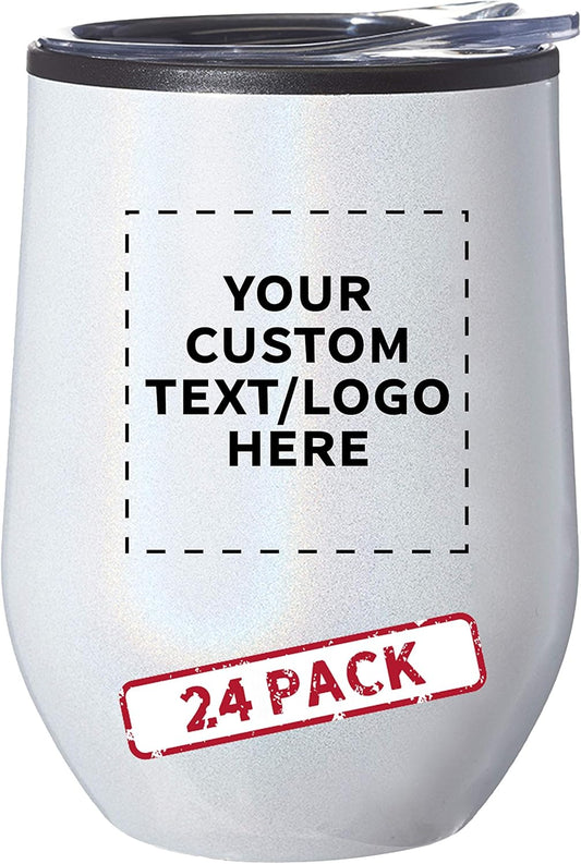 Custom Palmera Stemless Wine Tumblers with Lids 12 oz. Set of 24, Personalized Bulk Pack - Perfect for Wine, Cocktails, Other Hot & Cold Beverages - Iridescent White