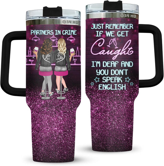 34HD 40oz Insulated Tumbler with Handle – Partners in Crime Birthday Gift for Best Friends or Sisters – Funny Stainless Steel Travel Mug – Keeps Drinks Hot or Cold – Fun Bar Night Quote Design