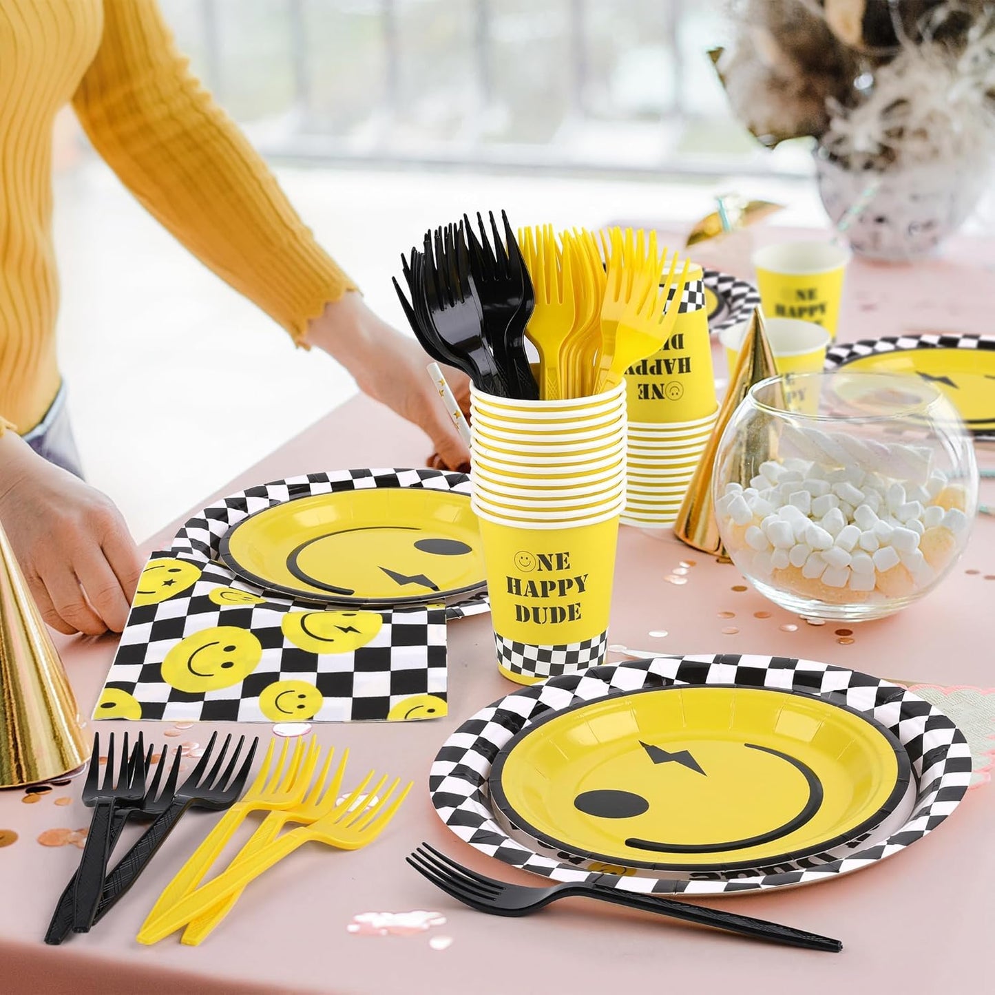 144 Pieces One Happy Dude Party Tableware Sets including Disposable Plates Napkins Cups Forks Serves 24 for Smiley Face 1st Birthday Preppy Party Decorations