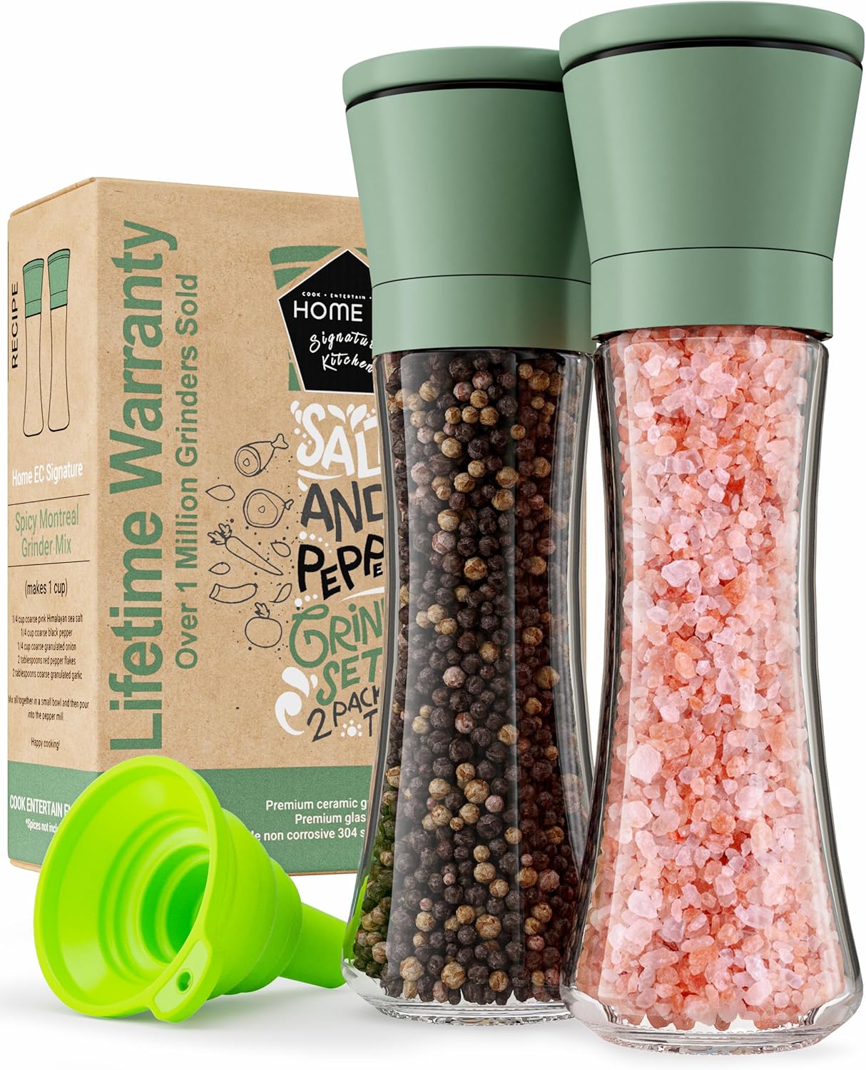 Home EC Premium Green Sea Salt and Pepper Grinder Set of 2 - Adjustable Ceramic - Tall Glass Salt and Pepper Shakers - Kitchen Pepper Mill & Salt Mill W/Funnel & EBook