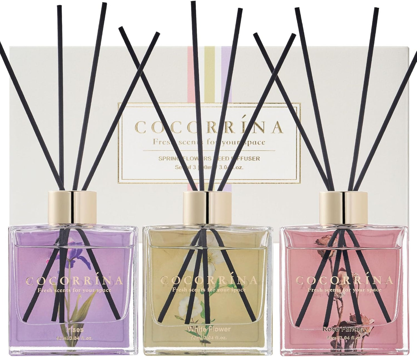 COCORRÍNA Reed Diffuser Set of 3-3 Pack/ 3.04 Fl.oz Diffuser with 24 Sticks White Flower/Irises/Rose Fantasy Reed Diffuser for Home Bathroom Office Decor