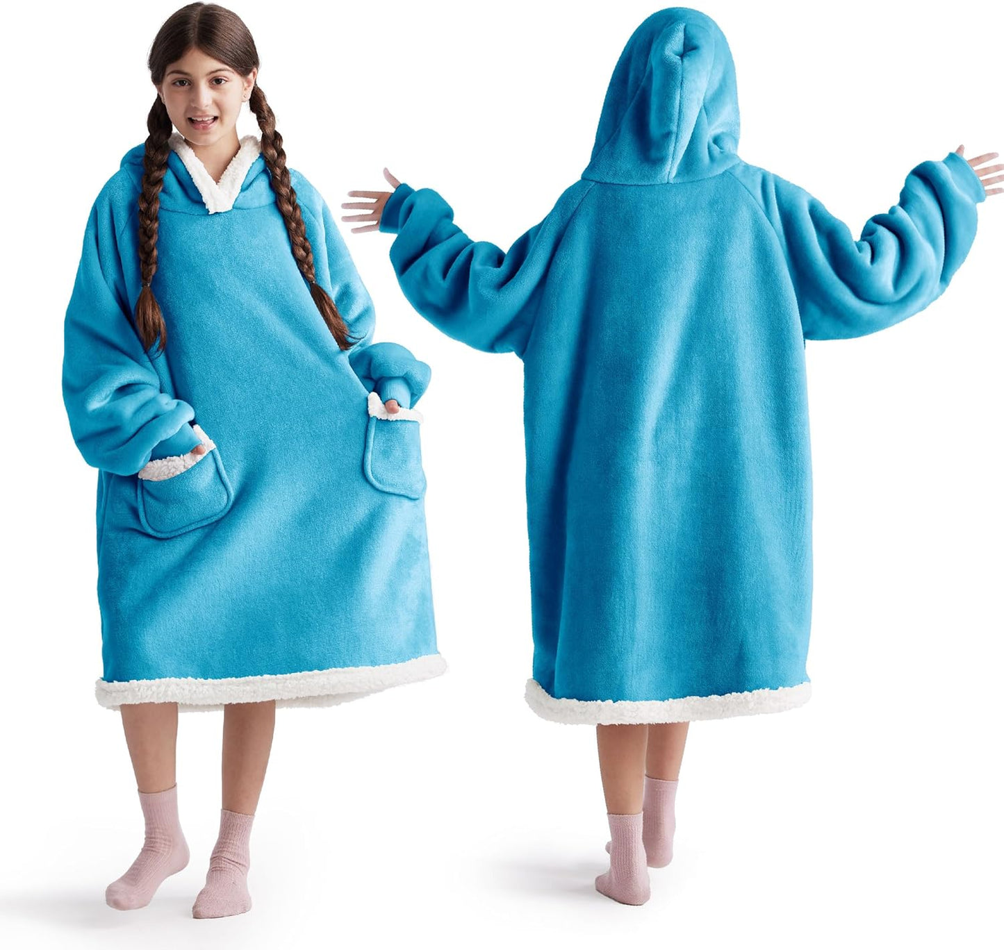 Bedsure Blanket Hoodie, Wearable Blanket for Adults & Kids as Gifts for Women Men, Birthday Gifts for Women Mom Girl Sherpa Oversized Hoodie, Aqua Blue, Kids