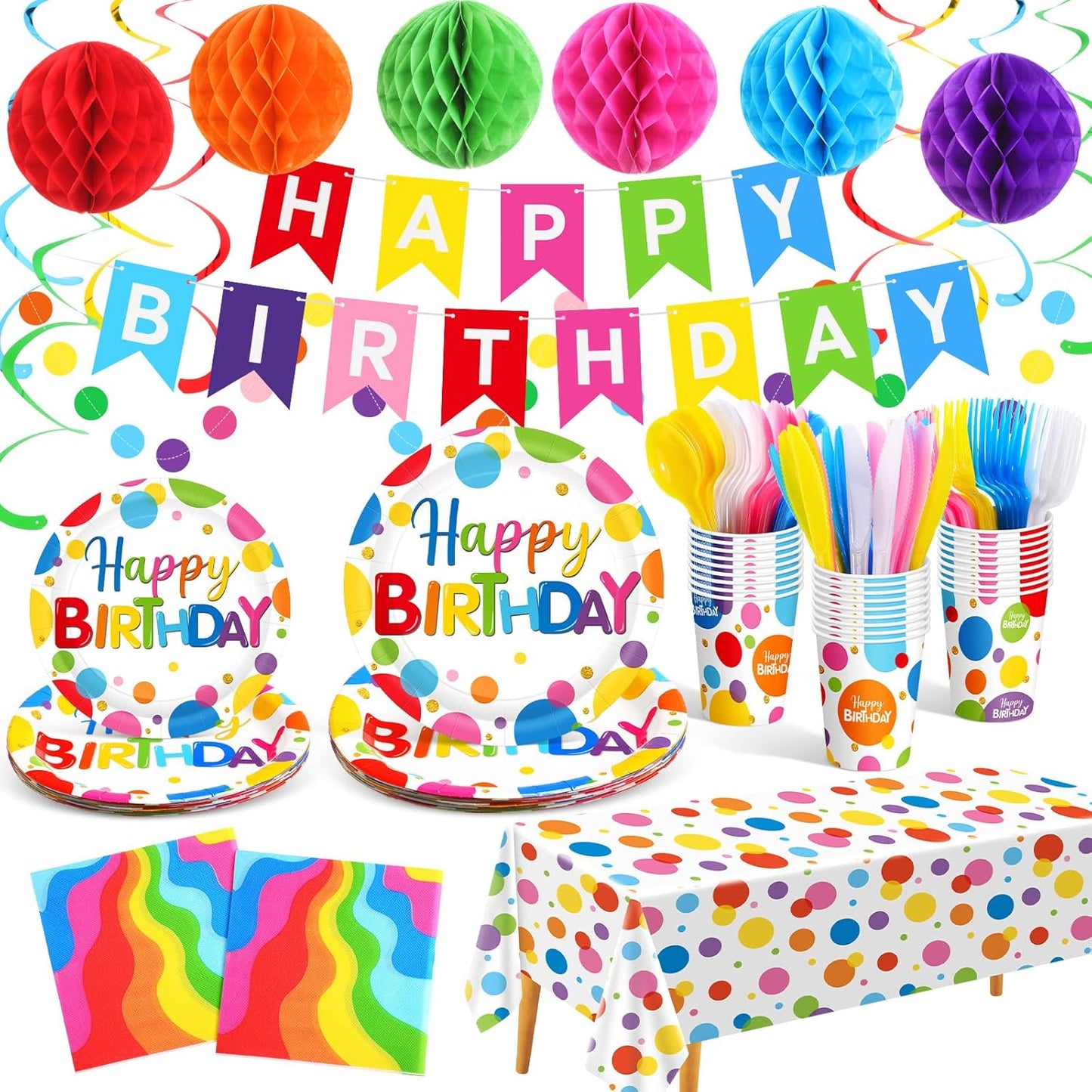 Zhehao Serves 129 Pcs Happy Birthday Party Supplies Set with Plates Napkins Cups Cutlery Rainbow Dot Birthday Decorations Kit Banner Tablecloth Hanging Honeycomb Balls Garland for Birthday Party