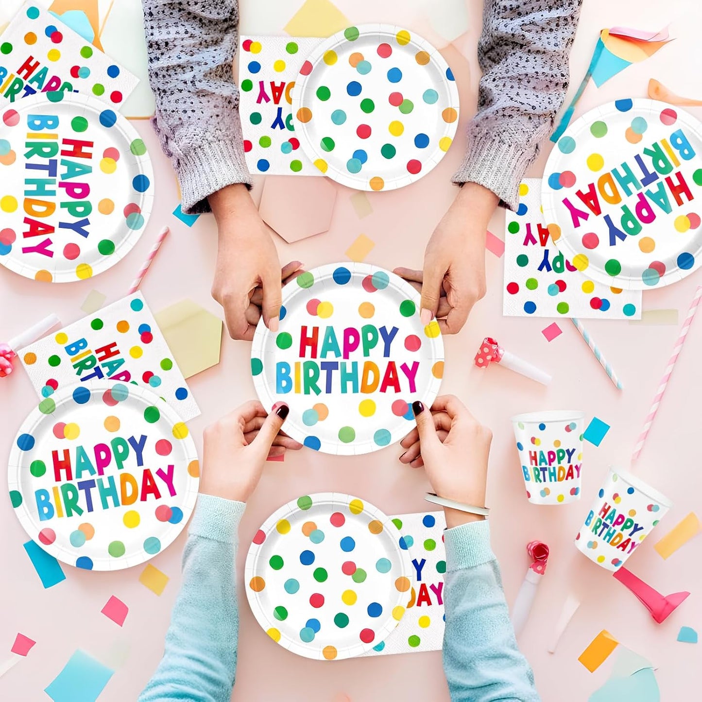 96pcs Happy Birthday Party Plates and Napkins Polka Dots Birthday Party Supplies Colorful Dots Paper Cup Party Supplies for Girls Boys Serve 24 Guests