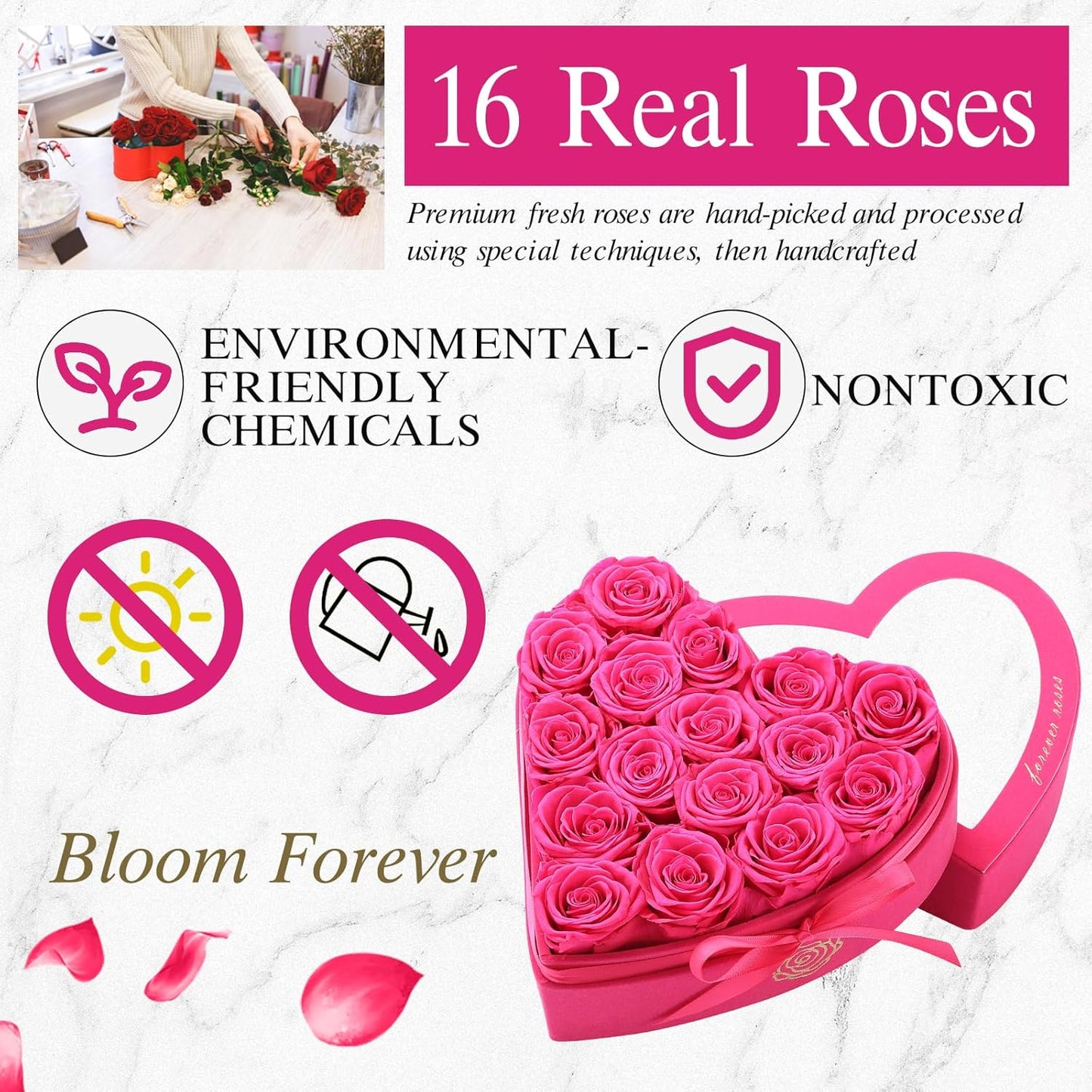 16 Forever Flowers in Heart Shaped Box - Preserved Roses Romantic Gifts for Her, Valentine’s Day, Anniversary, Wedding (Magenta)