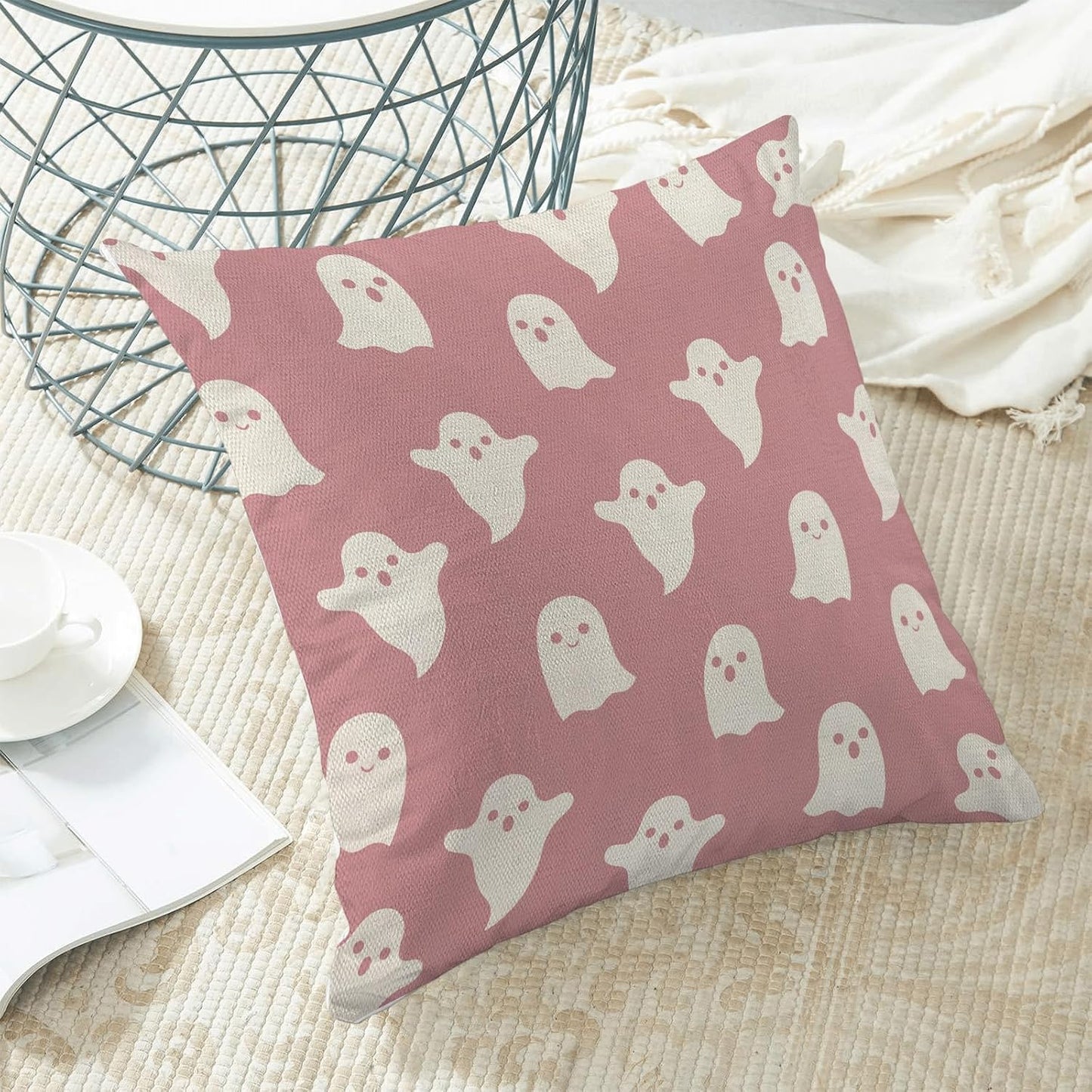 Halloween Decor Pillow Covers 18x18 Set Of 2 Pink Cute Ghost Throw Pillow Covers Halloween Decoration Pillow Covers For Halloween Home Decorative Linen Cushion Case For Home Couch Sofa Outdoor