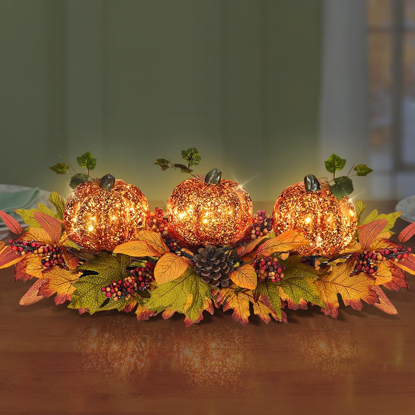 Fall Table Centerpiece with 3 Harvest Pumpkins, Lighted with Timer for Thanksgiving Table Decorations Centerpieces, Autumn Home Decor Battery Operated, 28 Inches