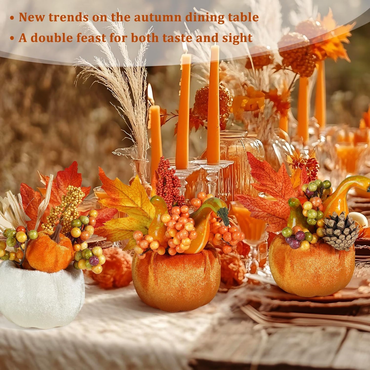 Artmag Set of 6 Artificial Pumpkins Decorations, Decorative Fabric Orange Pumpkin with Maple Berry Acorn Pine Cone Vegetables for Fall Thanksgiving Harvest Party Home Tabletop