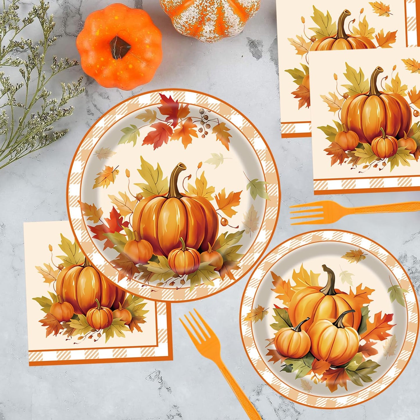 Fall Party Supplies - 96 Pcs Disposable Tableware Set with Paper Plates, Napkins, Forks, Pumpkin, Autumn, Maple Leaf Pattern for Thanksgiving Harvest Party Decorations