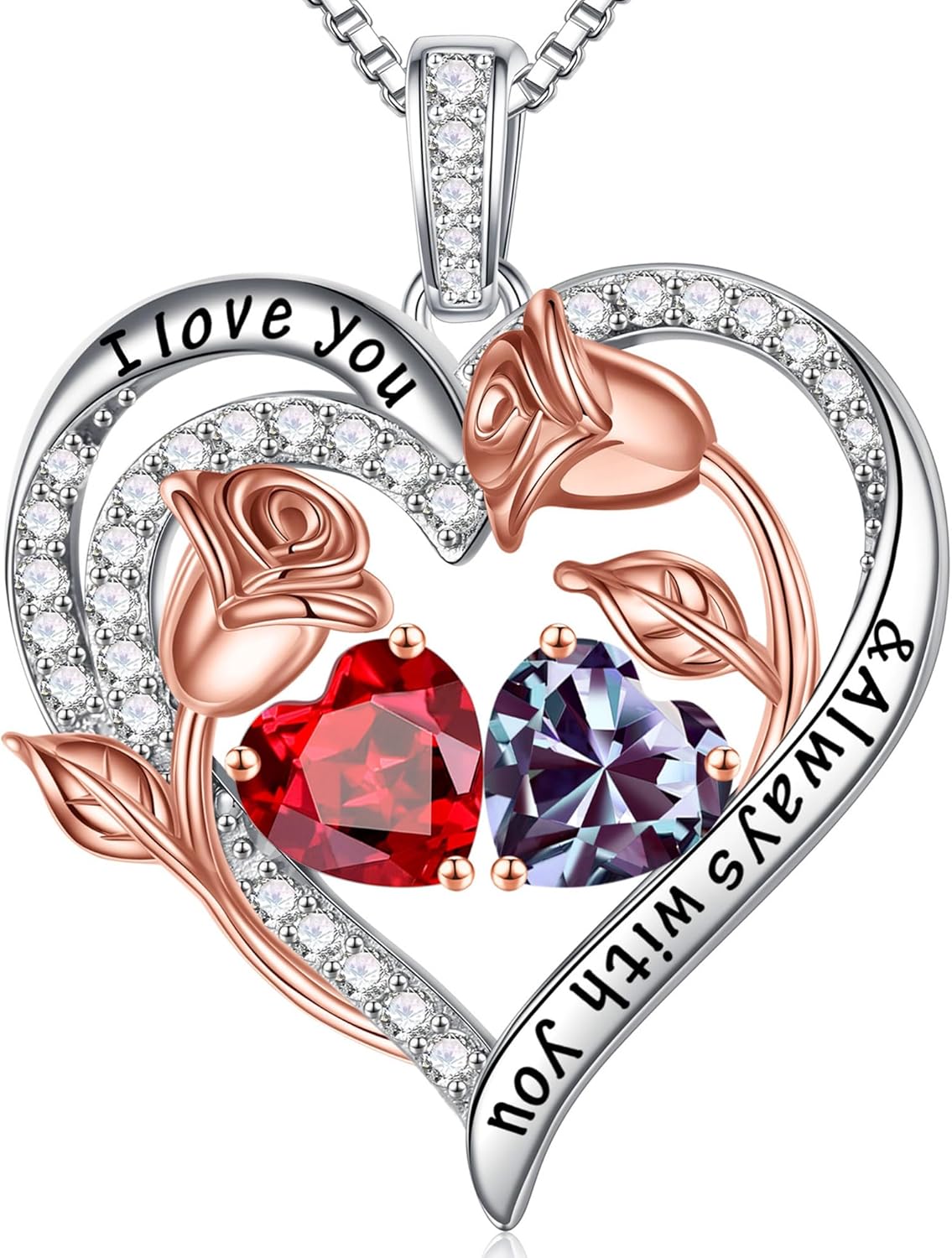 Iefil Birthstone Necklace for Women - 925 Sterling Silver Rose Heart Birthstone Necklace Birthday Anniversary Jewelry Gifts for Her Wife Mom Daughter