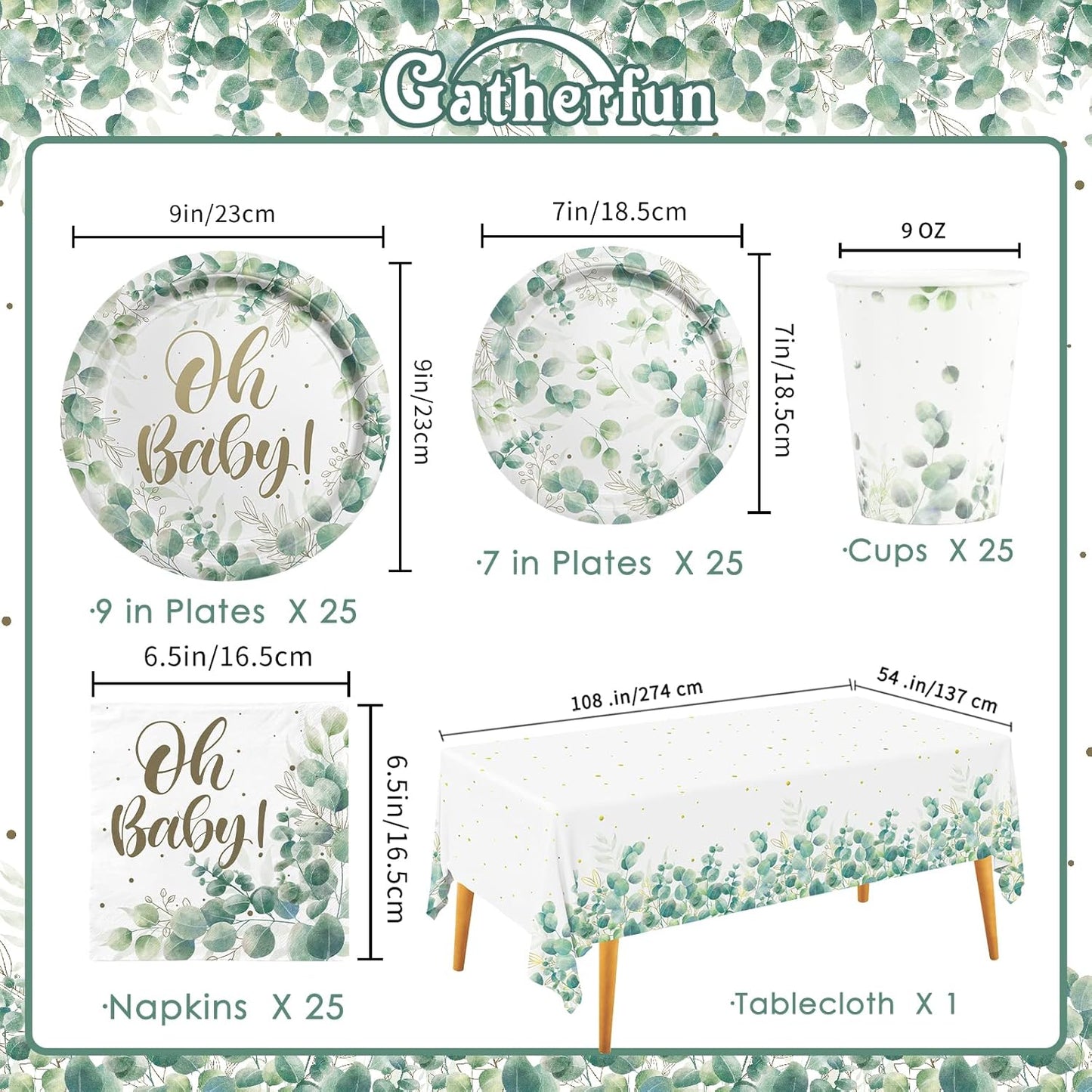 Sage Greenery Baby Shower Party Supplies Disposable Paper Plates Napkins Cups and Tablecloth for Boho Greency Party Decorations, Serve 25.