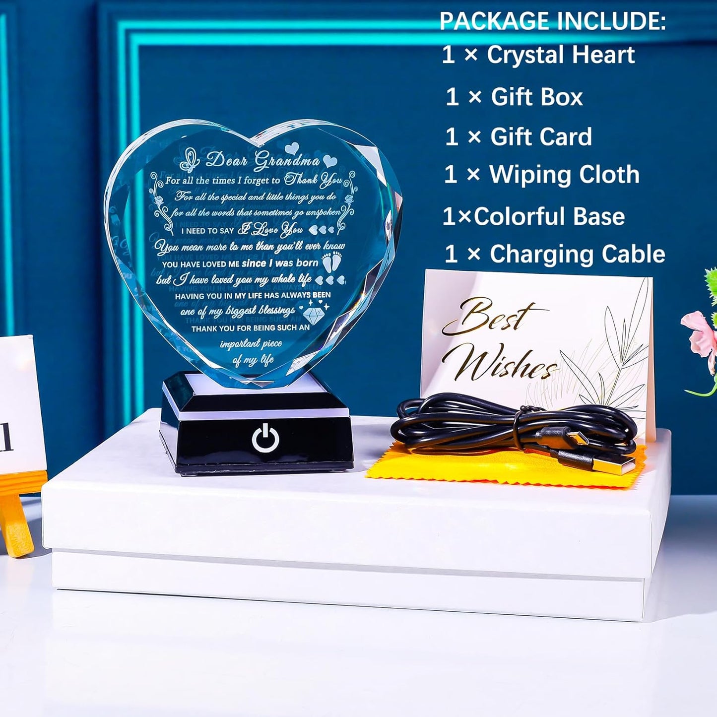Grandma Birthday Gifts with Colorful LED Base Meaningful Crystal Heart Gifts for Grandma from Grandkids Great Gift Ideas for Grandmother on Mothers Day Valentine Thanksgiving
