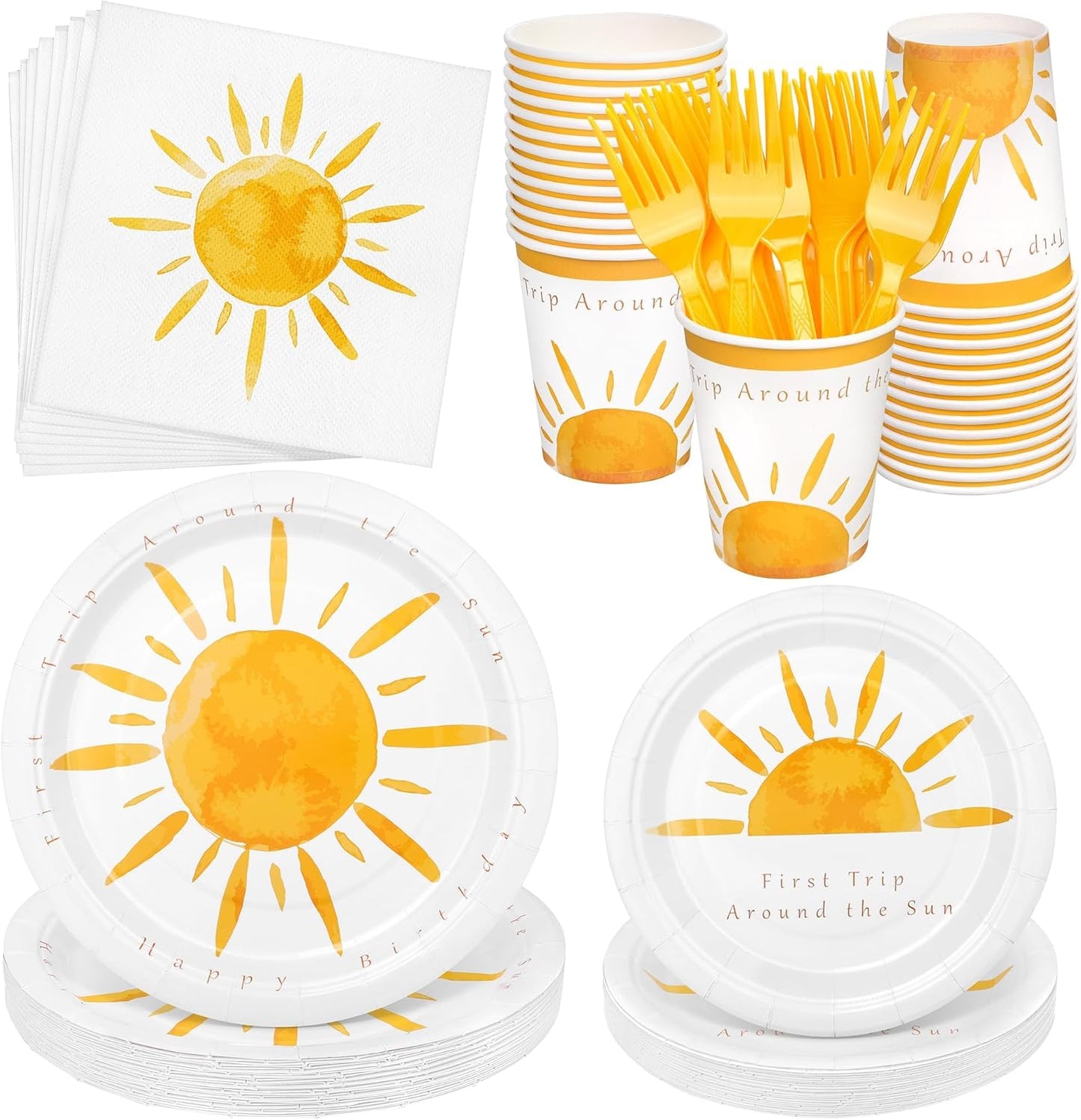 144 Pieces Boho Sun Birthday Party Decorations Tableware Sets Including Disposable Bohemia Sunshine Plates Napkins Cups Forks Serves 24 for Sun Baby Shower Party Supplies