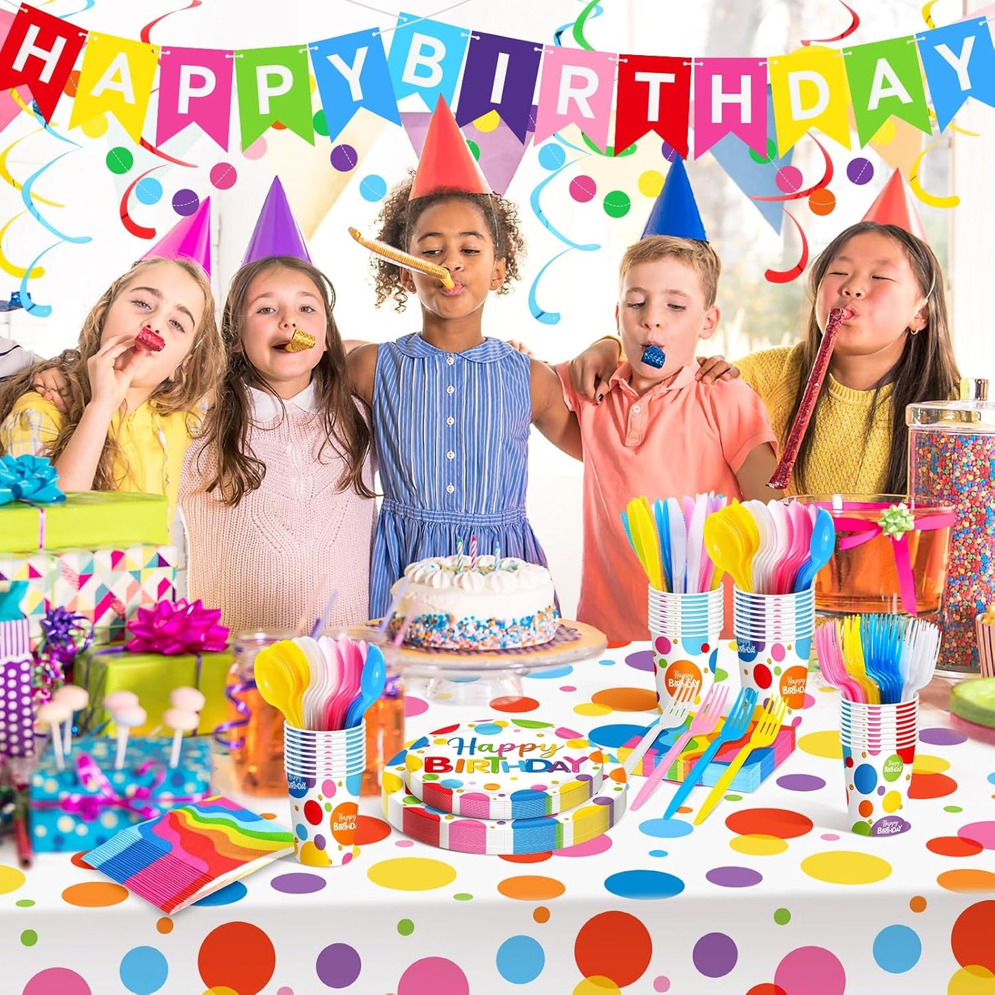 Zhehao Serves 129 Pcs Happy Birthday Party Supplies Set with Plates Napkins Cups Cutlery Rainbow Dot Birthday Decorations Kit Banner Tablecloth Hanging Honeycomb Balls Garland for Birthday Party