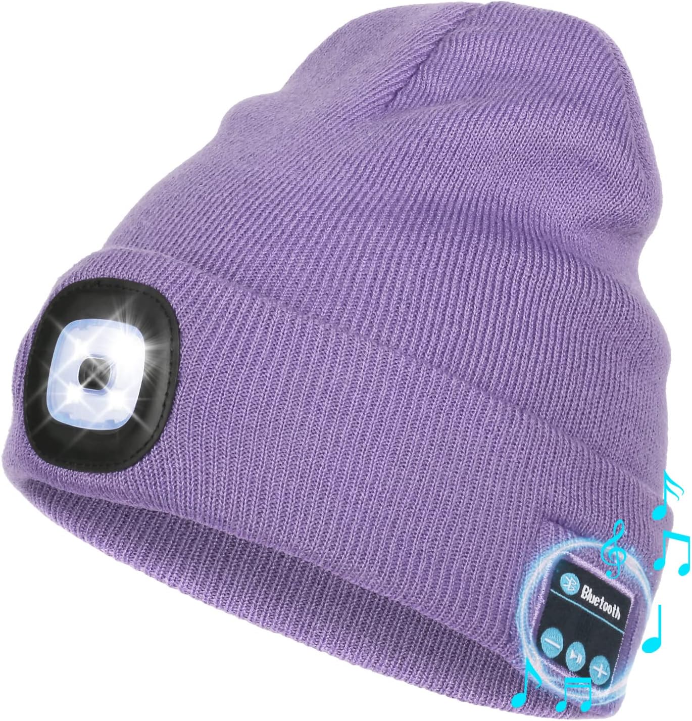 Wmcaps Bluetooth Beanie with a Light, Unisex USB Rechargeable 4 LED Fashlight Hat with Cordless Headphones, Unique Christmas Birthday Gifts for Men Him Husband Teen Purple
