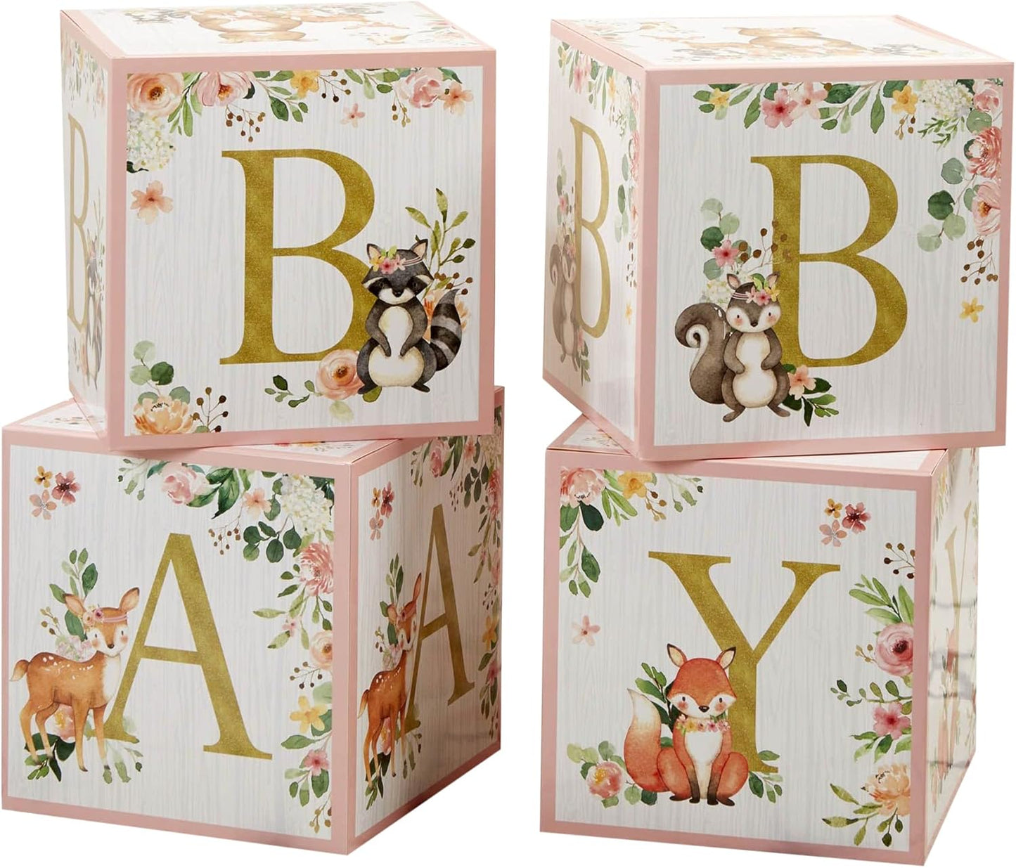 Kate Aspen Pink Woodland Baby Boxes with Letters for Baby Shower Decorations Photo Prop & Nursery Décor (Set of 4 Spells Baby)